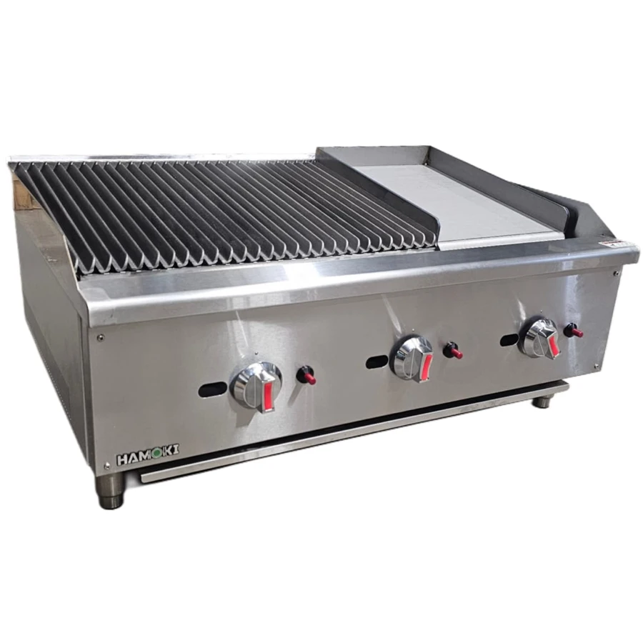 3 Burner Countertop Gas Chargrill - Charbroiler With Hotplate 900mm - Model:ECB-36SX - H