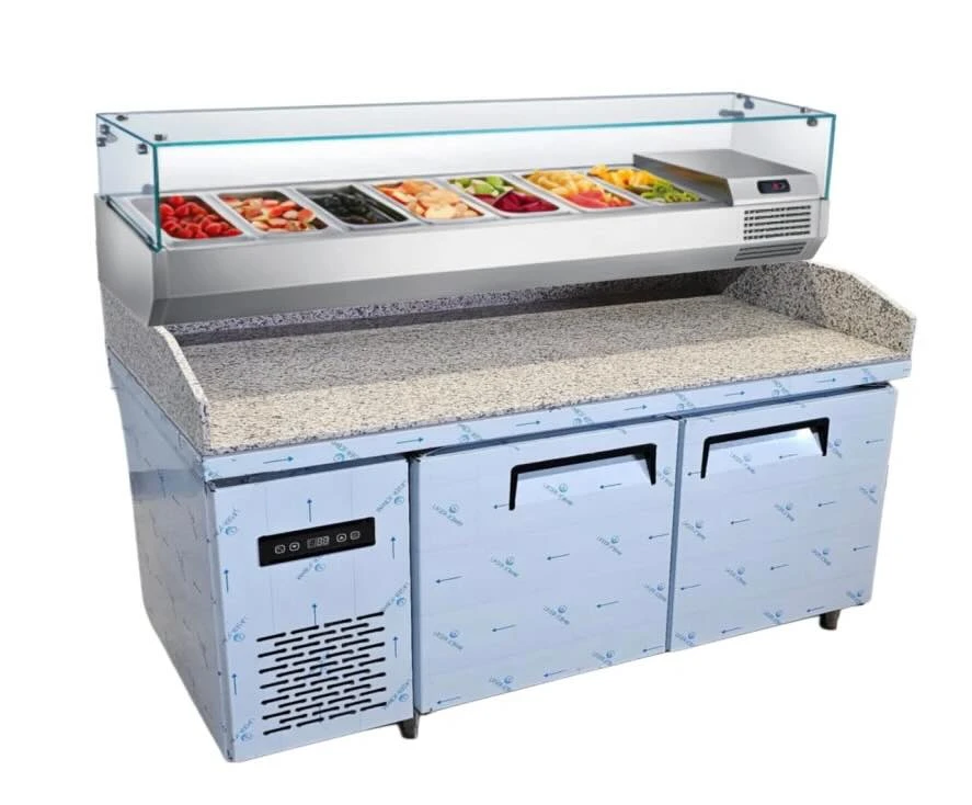 Pizza Counter Prep Fridge - 2 Doors Granite Top With Saladete- Depth 800mm Quatrone | Model:TC-1500-S